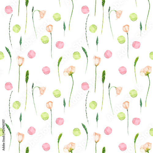 Seamless floral pattern with pink flowers and floral elements hand drawn in watercolor on a white background © nastyasklyarova