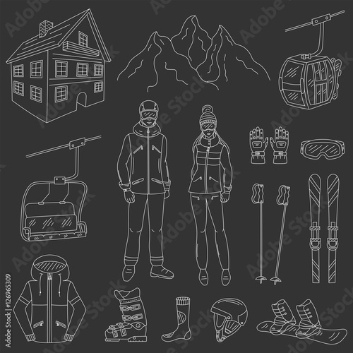 Ski resort icons set snowboarder man and woman, resort hotel, mountains, funicular, chairlift, winter sport equipment, isolated hand drawn doodle vector illustration.