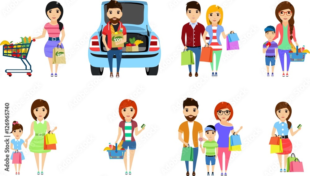 Set of vector illustrations. Young people are shopping. Shopping at the supermarket. Food. Isolated on white background. Happy people.