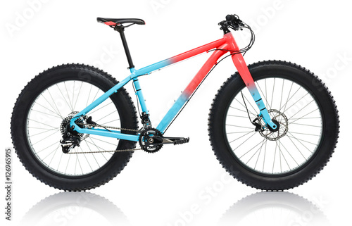 New blue with red bicycle with thick tires for snow ride isolate