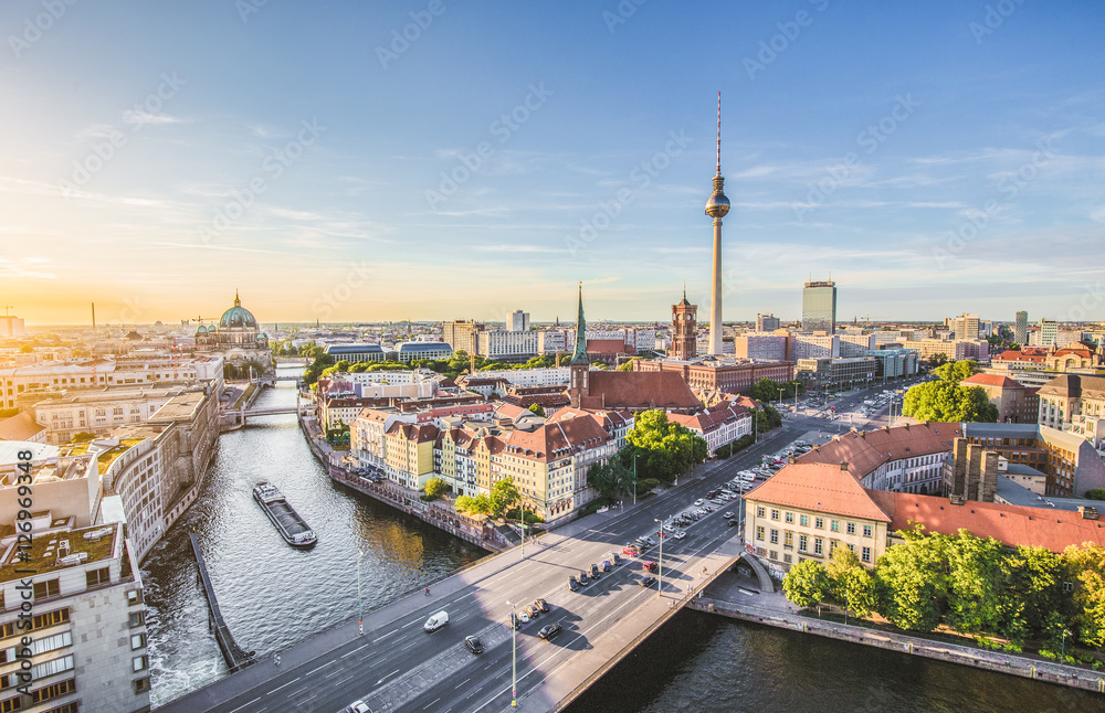 Berlin skyline with Spree river at sunset, Germany Berlin skyline with Spree river at sunset, Germany