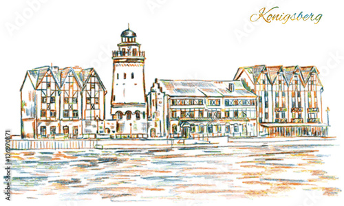 Ethnographic trade center, embankment of the Fishing Village, Kaliningrad Russia, hand drawn vector painted coloring pencil isolated on white background, vintage style for touristic postcard