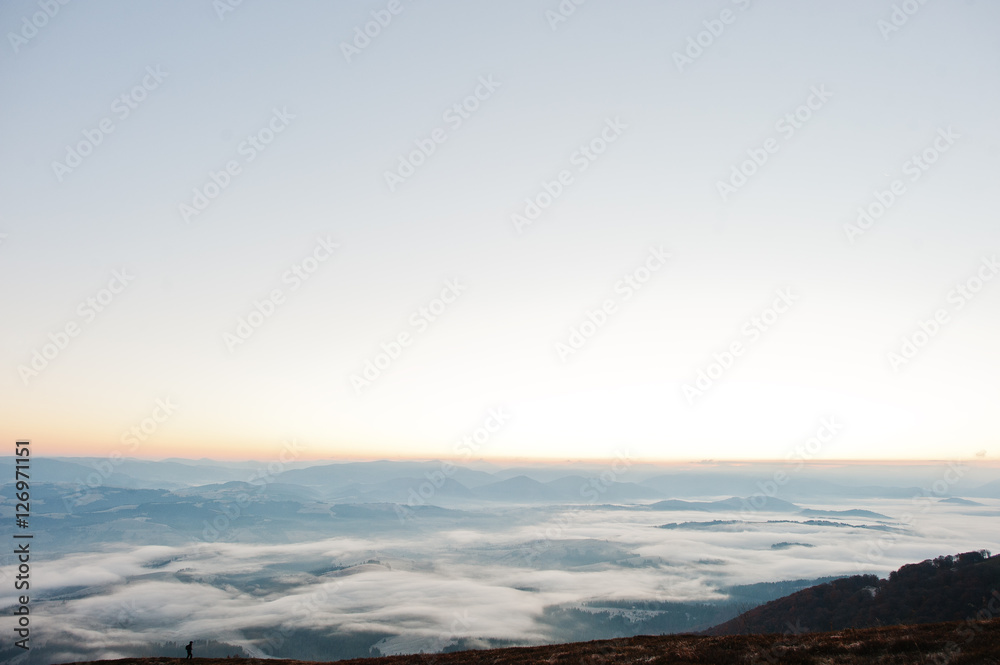 Siilhouette of man at amazing picturesque landscape of Carpathia Siilhouette of man at amazing picturesque landscape of Carpathia