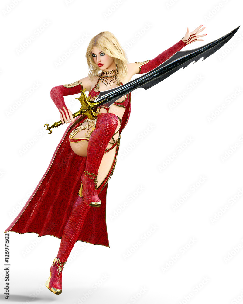 Young beautiful woman warrior red sexy dress snakeskin. Blonde bright makeup holding powerful sword. Girl standing candid provocative aggressive pose. Photorealistic 3D rendering isolate illustration. Young beautiful woman warrior red sexy dress snakeskin. Blonde bright makeup holding powerful sword. Girl standing candid provocative aggressive pose. Photorealistic 3D rendering isolate illustration.