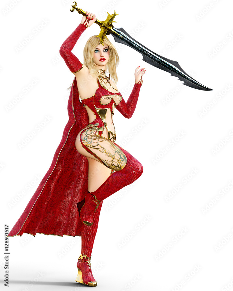 Young beautiful woman warrior red sexy dress snakeskin. Blonde bright makeup holding powerful sword. Girl standing candid provocative aggressive pose. Photorealistic 3D rendering isolate illustration.