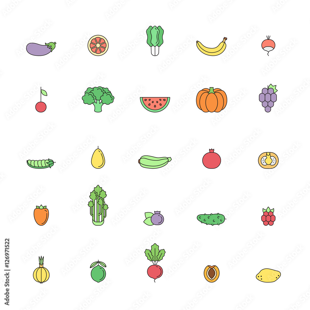 Naklejka Zestaw ikon wielokolorowy zarys owoców i warzyw. Część druga.