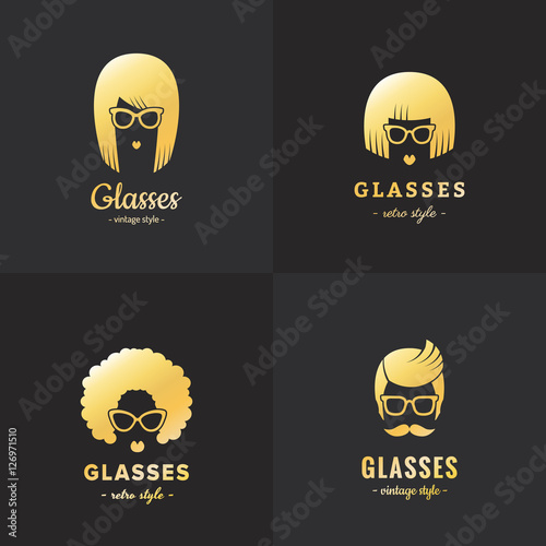 Eyeglasses gold logo vintage vector set (female and male).
