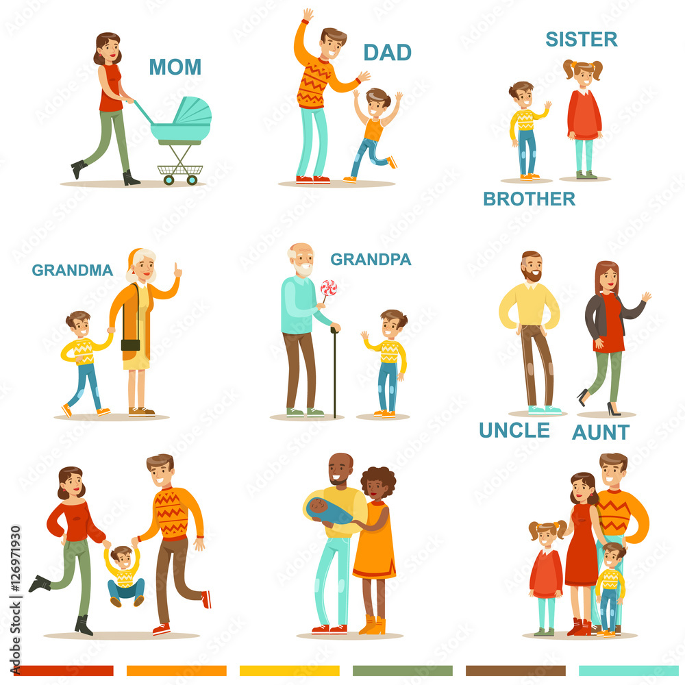 Happy Large Family With All The Relatives Gathering Including Mother, Father, Aunt, Uncle And Grandparents Illustrations With Corresponding Words