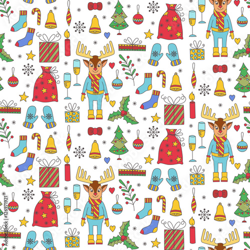 Fototapeta Naklejka Na Ścianę i Meble -  Cute christmas doodles colorful seamless vector pattern with new year symbols