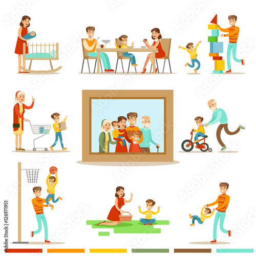 Happy Family Doing Things Together Illustration Surrounding Big Family Portrait Picture