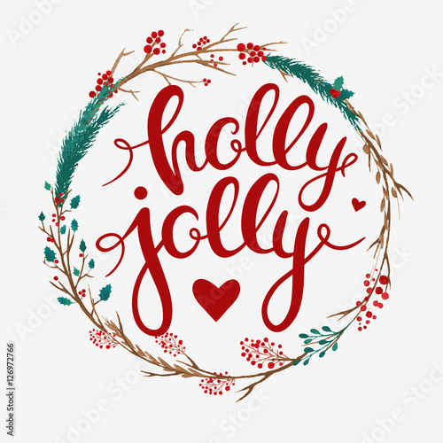 Christmas greeting card template with floral wreath and hand drawn lettering. Vector illustration for winter seasonal holidays.