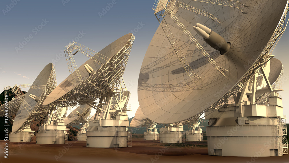 3D Illustration of a satellite dish array on an alien red planet