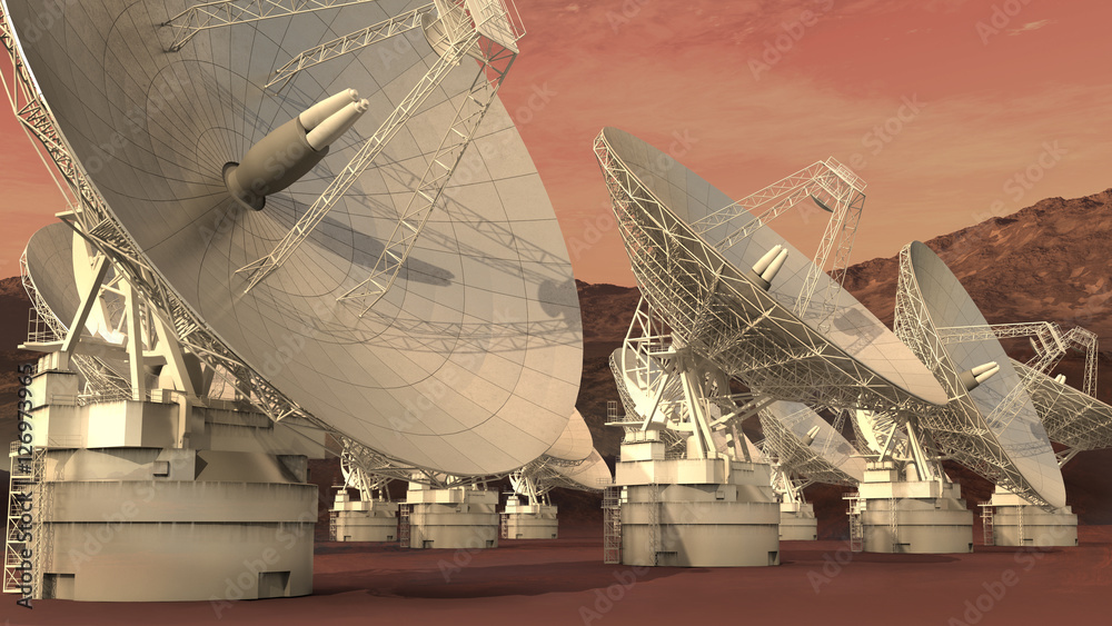 Fototapeta premium 3D Illustration of a satellite dish array on an alien red planet