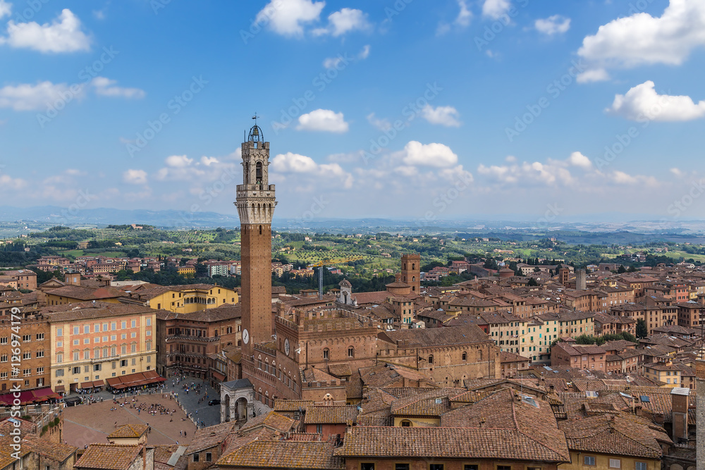 Siena, Italy. Torre del Mangia (1348) and the view of the city with a bird's-eye view