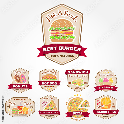 Set of vintage fast food badge, banner or logo emblem.