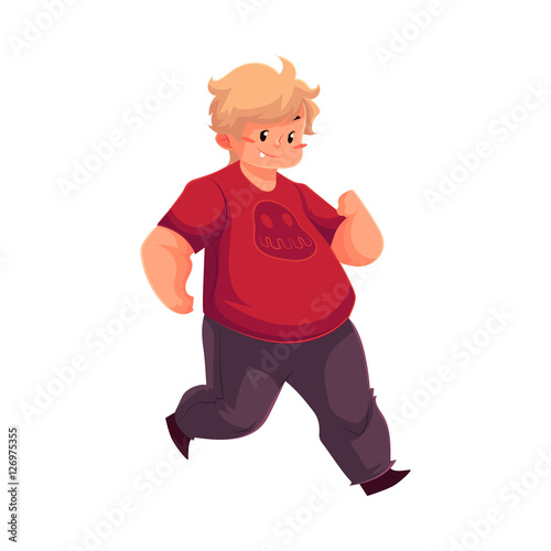 Fat boy jogging, running, living active life, cartoon vector illustration isolated on white background. Obese, fat, chubby kid running, doing sport, getting fit, active lifestyle