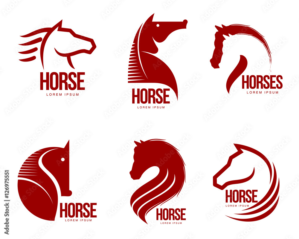 Obraz premium Set of horse head graphic logo templates, vector illustration on white background. Set of black and white stylish horse heads for stable, farm, race logo design
