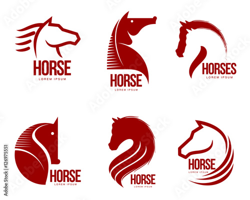 Set of horse head graphic logo templates, vector illustration on white background. Set of black and white stylish horse heads for stable, farm, race logo design