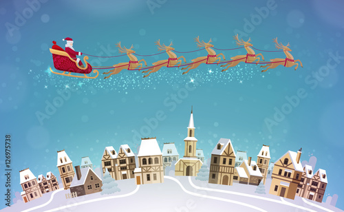 Christmas, vector illustration. Santa Claus rides in sleigh pulled by reindeer over city