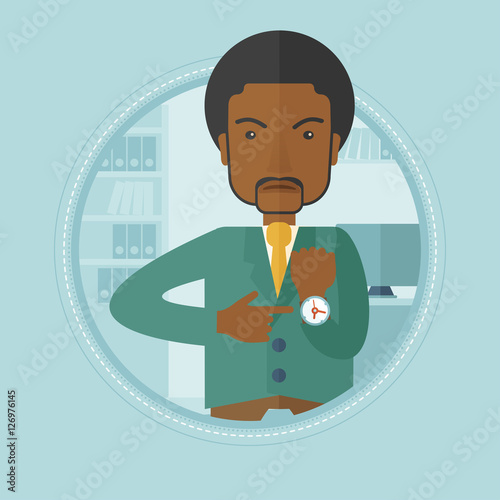 Angry boss pointing at wrist watch.