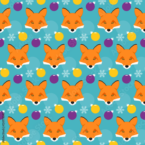Winter holiday seamless pattern background. Fox, snow and glas b