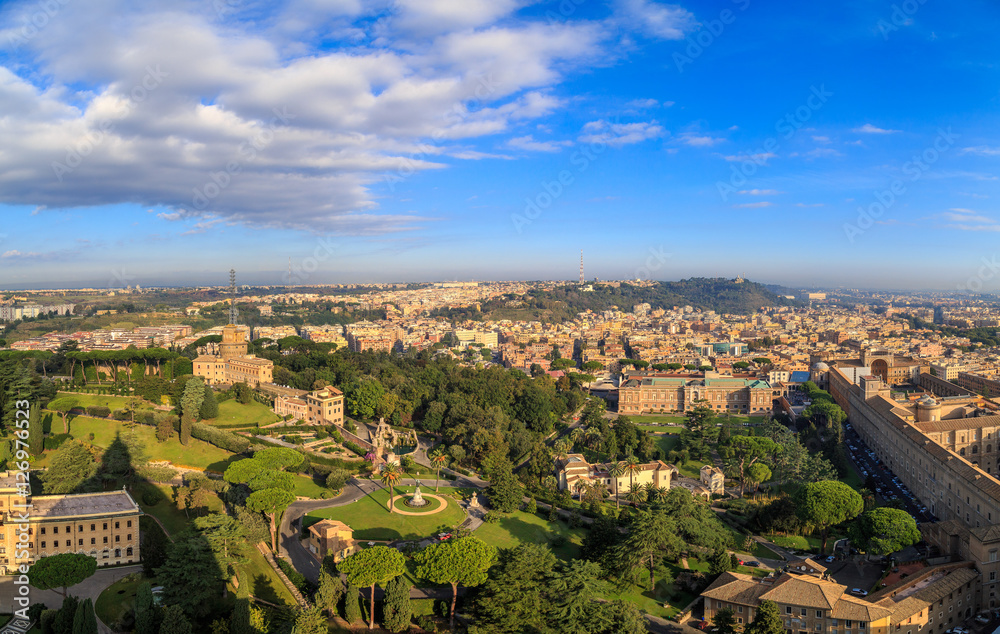 View at the Vatican Gardens in Rome from the dome of St. Peter, sunny morning
