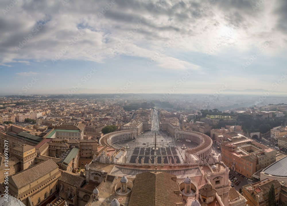 View of St. Peter's Square and Rome from the dome of the cathedral, panorama