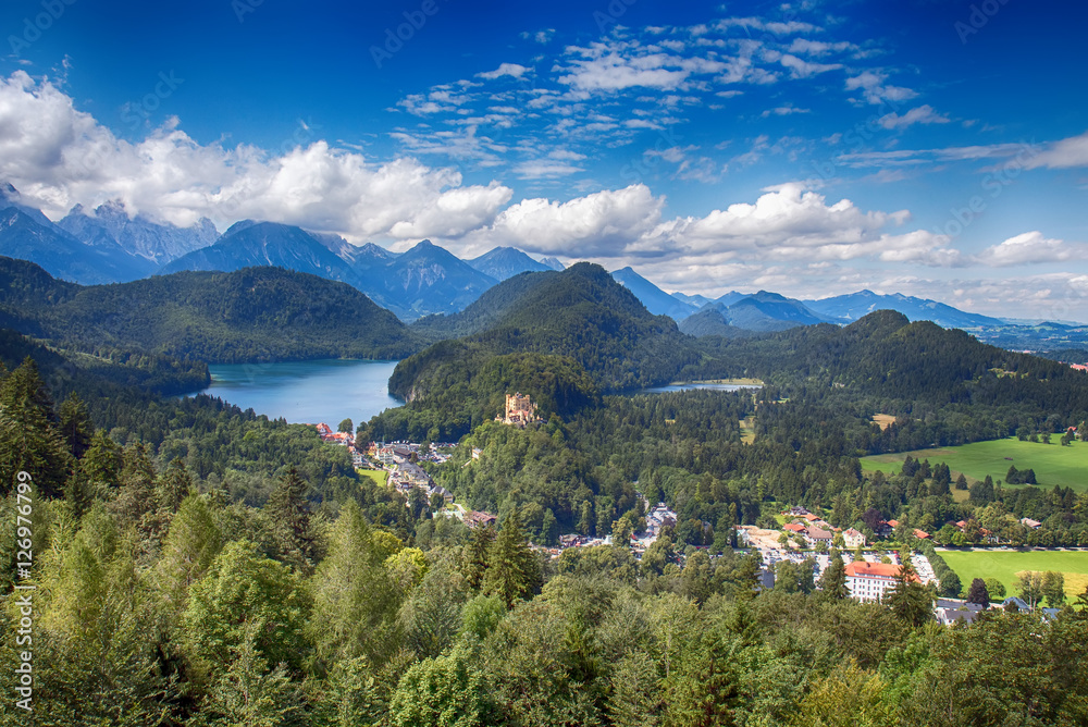 The view from the balcony of Neuschwanstein Castle. HDR