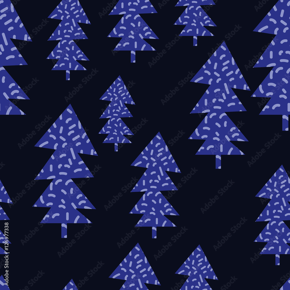 Unusual Seamless pattern with blue decorative christmas trees on dark background. Wrapping paper. Hand drawn Vector illustration.