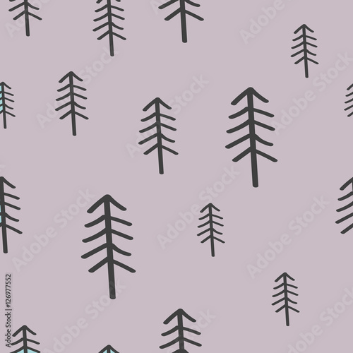 Cute seamless pattern with hand drawn gray pines on violet background. Wrapping paper.