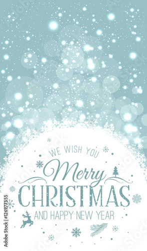 Christmas and New Year typographical on holidays background with snowflakes, light, stars. Vector Illustration. Xmas card