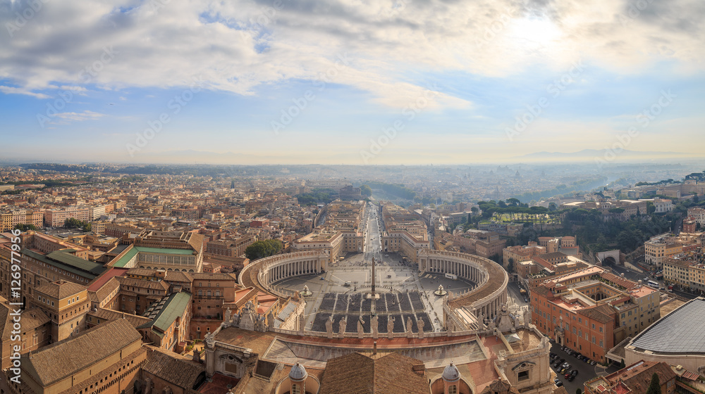 View of St. Peter's Square, the street Conciliation and Rome from the dome of the cathedral, panorama