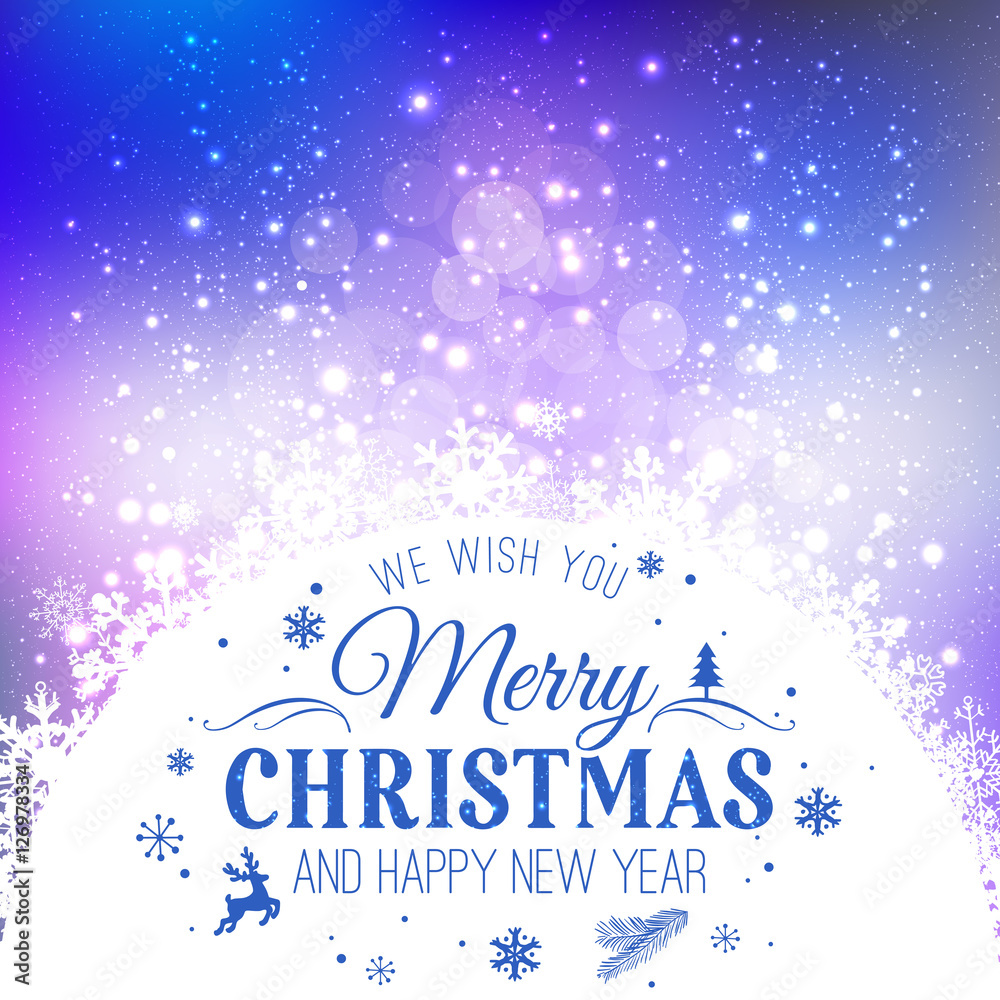 Christmas and New Year typographical on holidays background with snowflakes, light, stars. Vector Illustration. Xmas card
