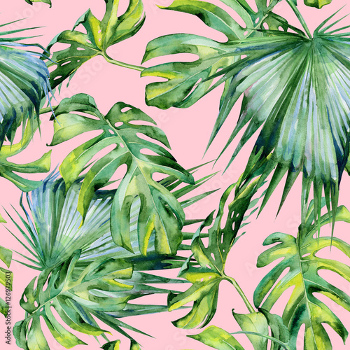 Tapety Bezszwowa akwareli ilustracja tropikalni liście, gęsta dżungla. Malowane ręcznie. Baner z motywem tropiku może służyć jako tekstura tła, papier pakowy, tkanina lub tapeta.