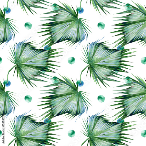 Seamless watercolor illustration of tropical leaves  dense jungle. Hand painted. Banner with tropic summertime motif may be used as background texture  wrapping paper  textile or wallpaper design.