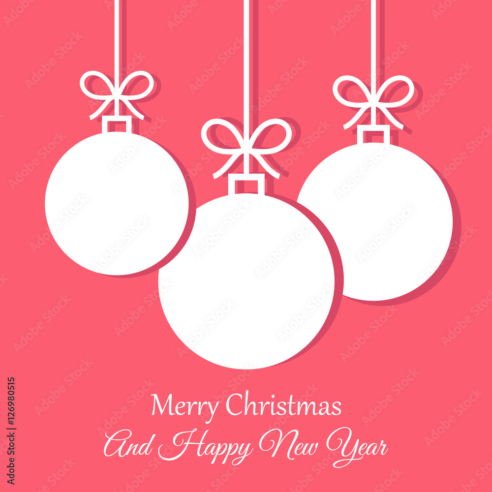Christmas balls with shadow isolated on red background. Minimal Christmas abstract background. Vector illustration. 