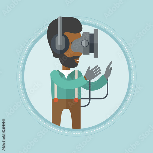 Man in virtual reality headset playing video game.