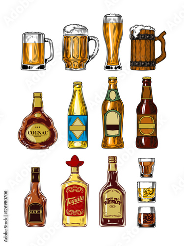 Set of bottles and stemware with alcohol
