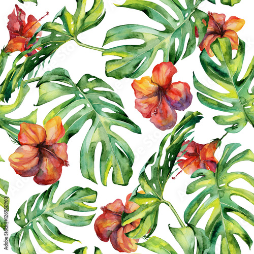 Seamless watercolor illustration of tropical leaves, dense jungle. Hand paint...