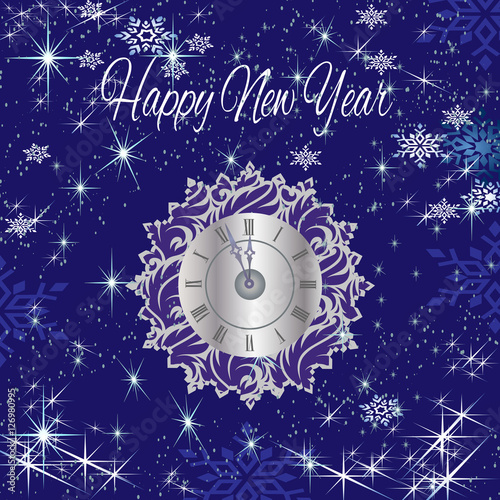 Happy new year with clock, stars and snow.