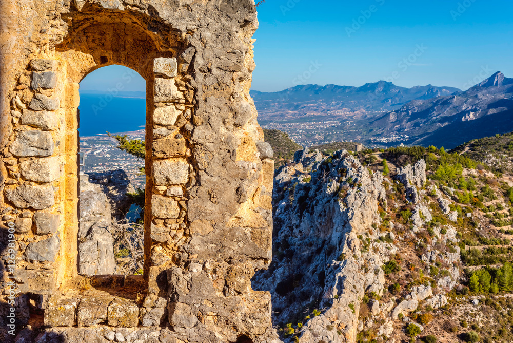 View of Kyrenia from St Hilarion Castle. Kyrenia District, Cyprus