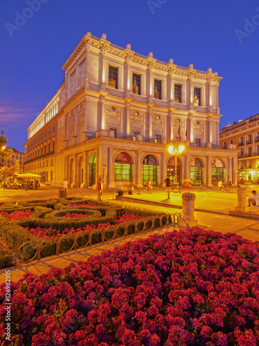 Spain, Madrid, Twilight view of the Teatro Real from the side of the Plaza de Oriente. photo