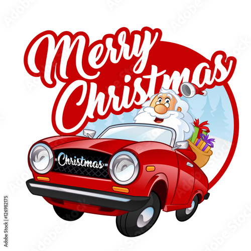 Funny Santa Claus, he is driving a red car