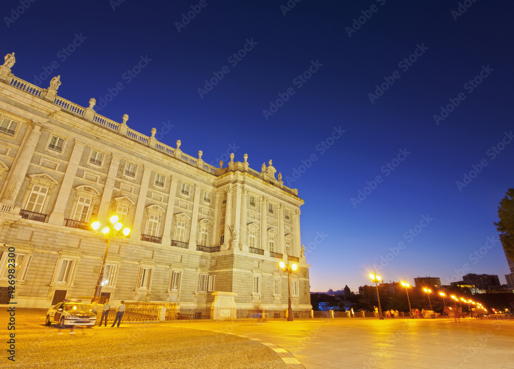 Spain, Madrid, Twilight view of the Royal Palace of Madrid..