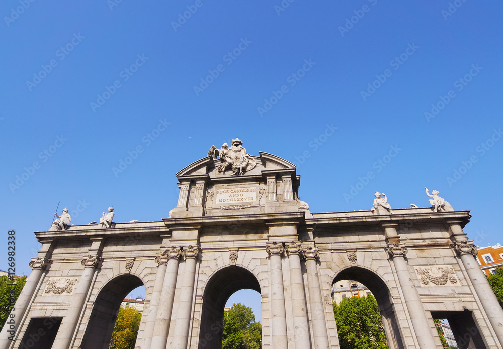 Spain, Madrid, Plaza de la Independencia, View of the Neo-classical triumphal Archway The Puerta de Alcala..