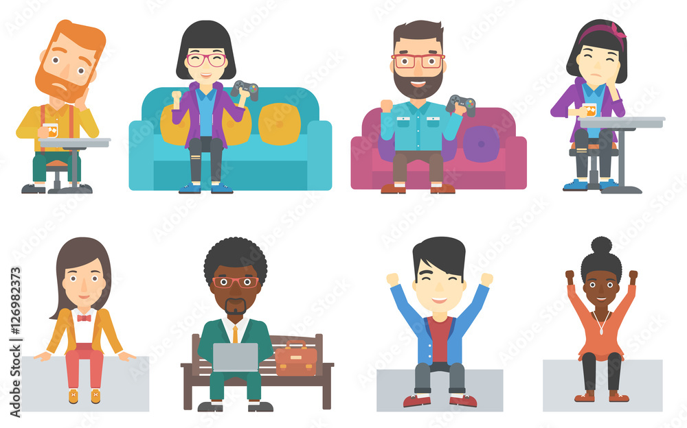 Vector set of business characters and gamers.