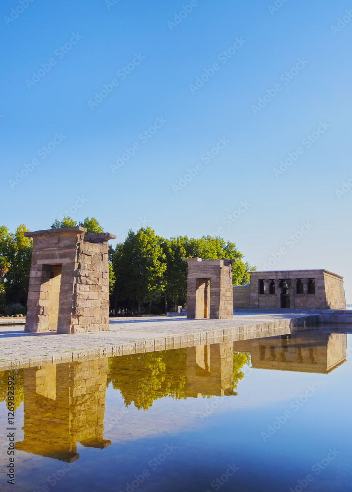 Spain, Madrid, Parque del Oeste, View of the Temple of Debod.. Spain, Madrid, Parque del Oeste, View of the Temple of Debod..