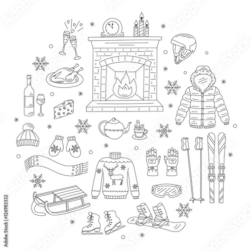 Winter activity icons hand drawn doodle vector illustration. Ski and snowboard equipment,  winter vacation elements.