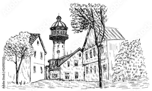 Old water tower, symbol of Zelenogradsk earlier Cranz, Landmark of the Kaliningrad region, Russia, Vector hand drawn sketch isolated on white background, Postcard drawing template with european house