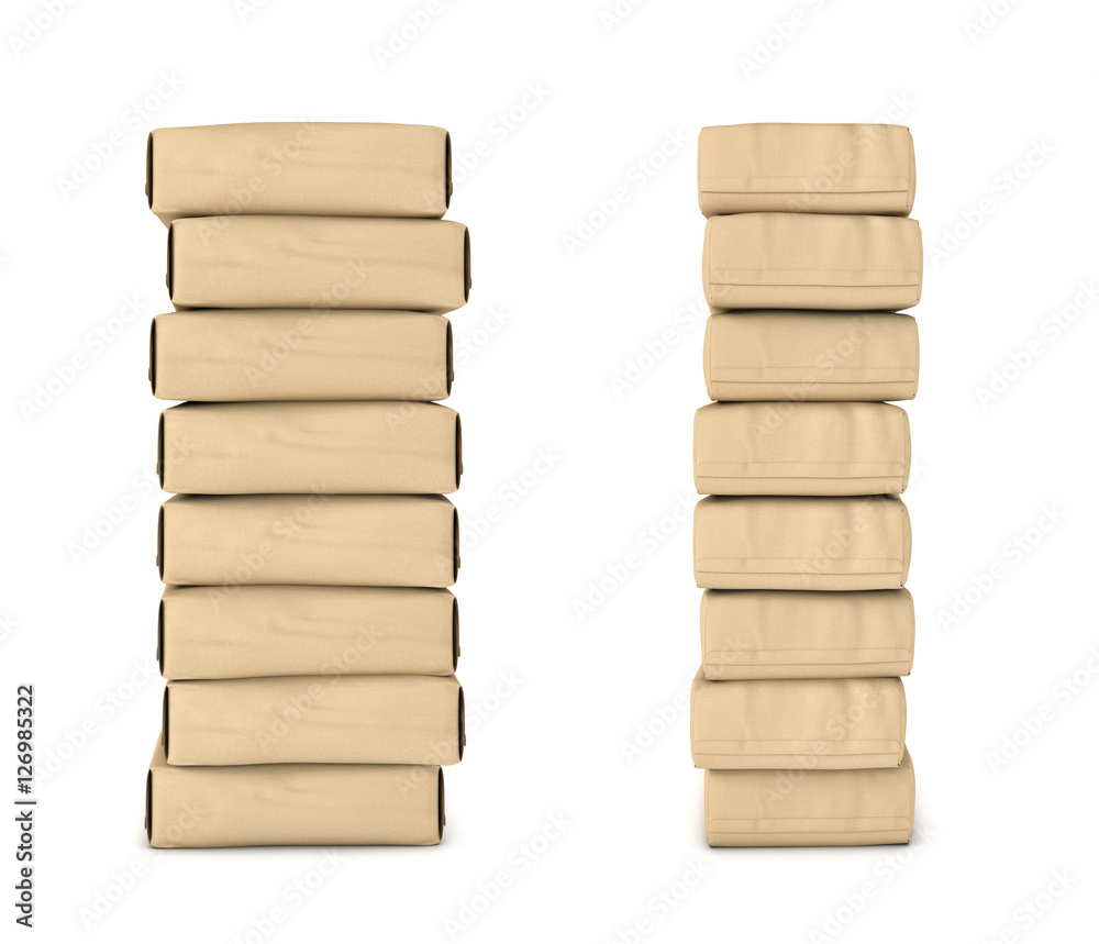Rendering of light beige cement sacks neatly stacked one upon another, isolated on the white background. Rendering of light beige cement sacks neatly stacked one upon another, isolated on the white background.